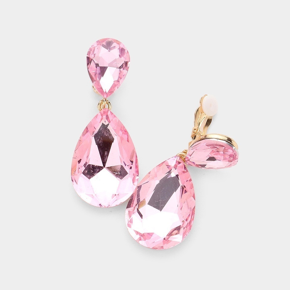 Elegant Clip On Pink Teardrop Earrings
